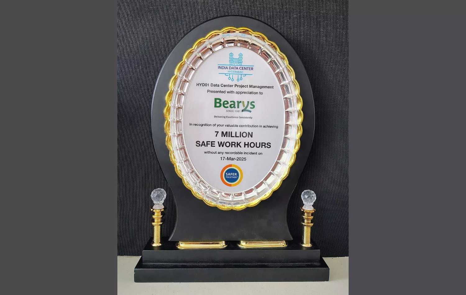 Bearys awarded by Fluor Daniel, Microsoft for 7 million safe manhours at Hyderabad data center